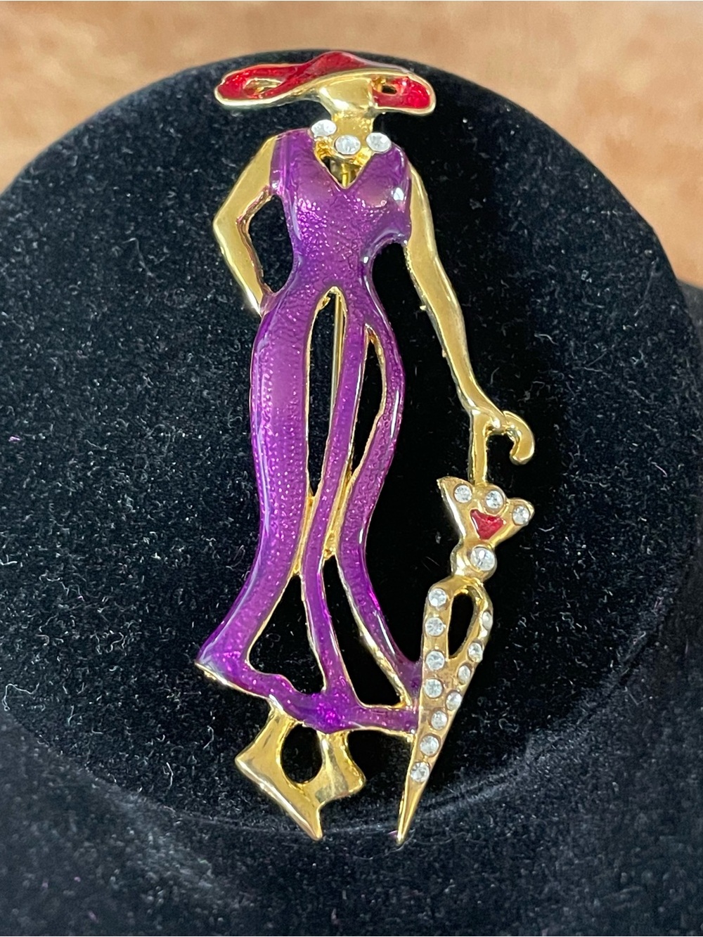 Vintage Elegant Purple Enamel Lady in Red Hat Society Brooch Crystal Umbrella